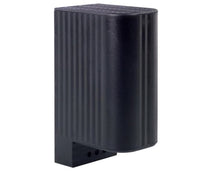 A black rectangular enclosure heater with a ribbed surface and an integrated thermostat.