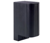 A black rectangular enclosure heater with a ribbed surface and an integrated thermostat.