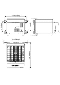 Black on white technical drawing of a rectangular component with dimensions labeled.