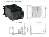 1200W panel mount power supply with dimensions on a white background