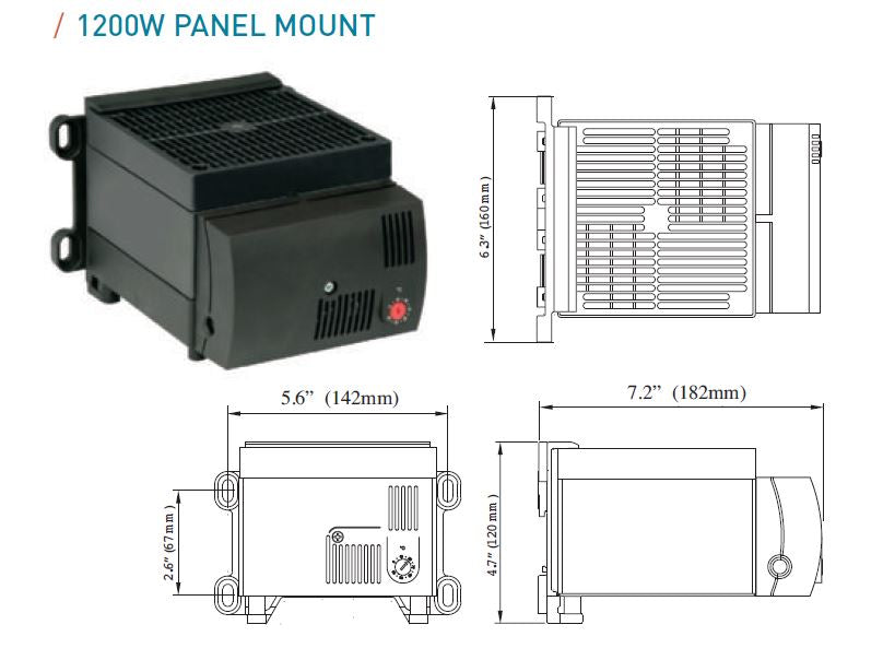 1200W panel mount power supply with dimensions on a white background