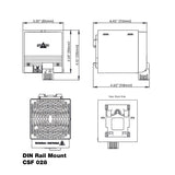 Black on white technical drawing of a DIN rail mount with labeled dimensions.