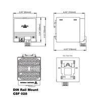 Black on white technical drawing of a DIN rail mount with labeled dimensions.