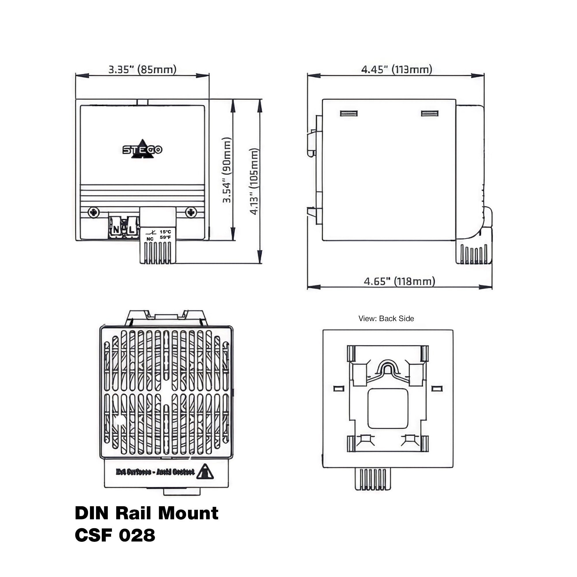 Black on white technical drawing of a DIN rail mount with labeled dimensions.
