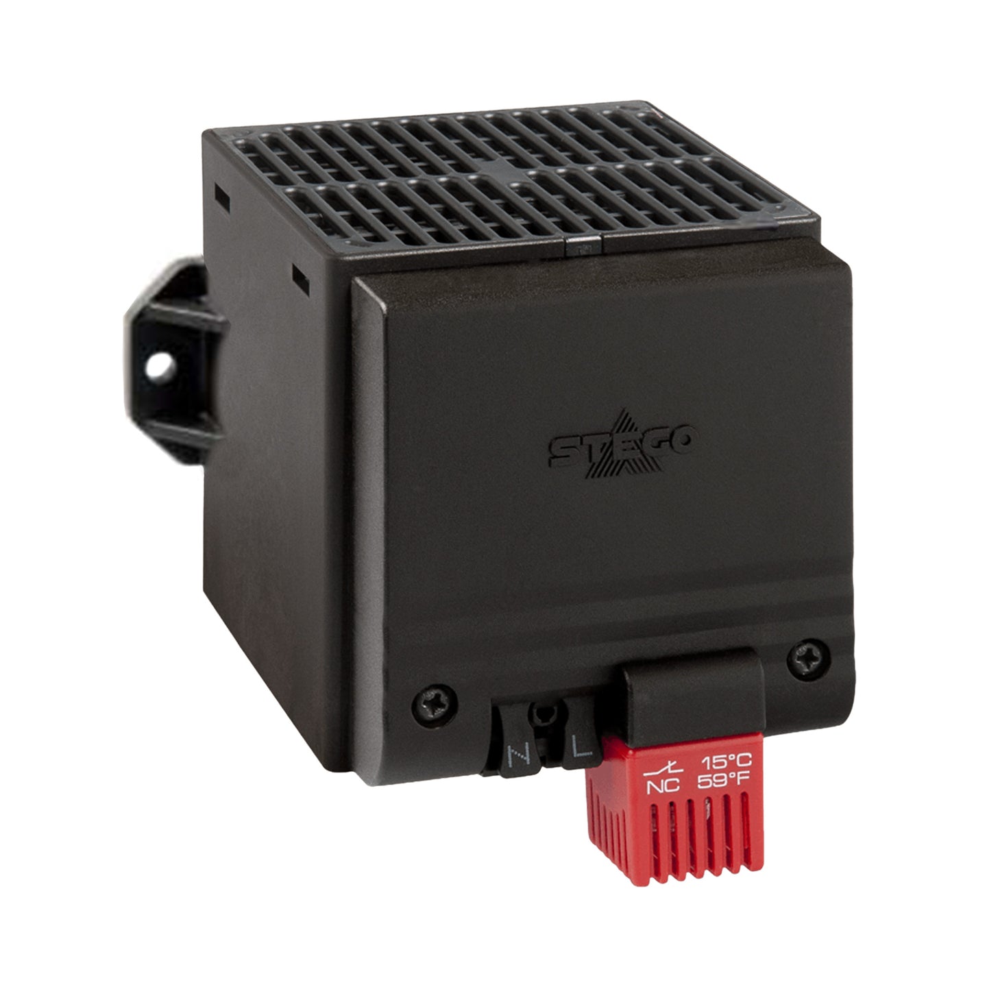 Black electronic device with a red component on a white background