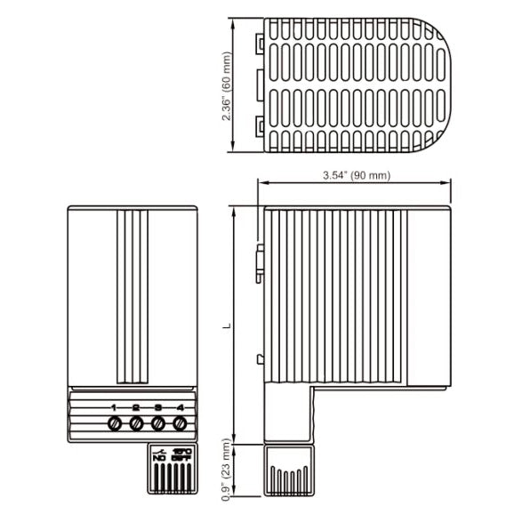 Black on white technical drawing of a rectangular component with dimensions