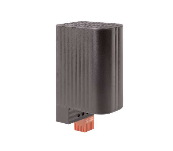 Rectangular heater housing with a ribbed surface and red thermometer on a white background.