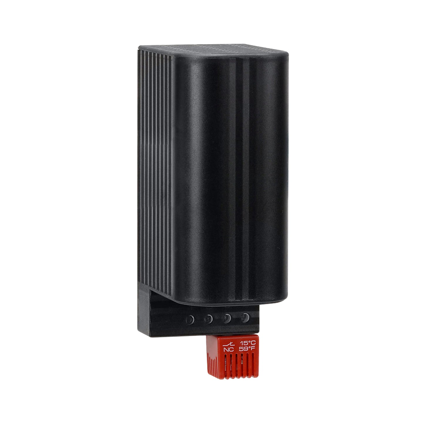 Black electronic heater with red Thermostat on a white background.