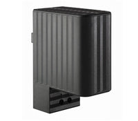 Black rectangular heater with ribbed texture on a white background.