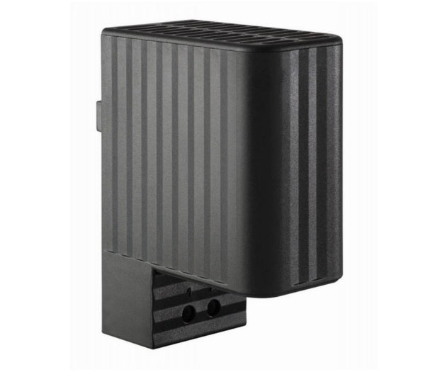 Black rectangular heater with ribbed texture on a white background.