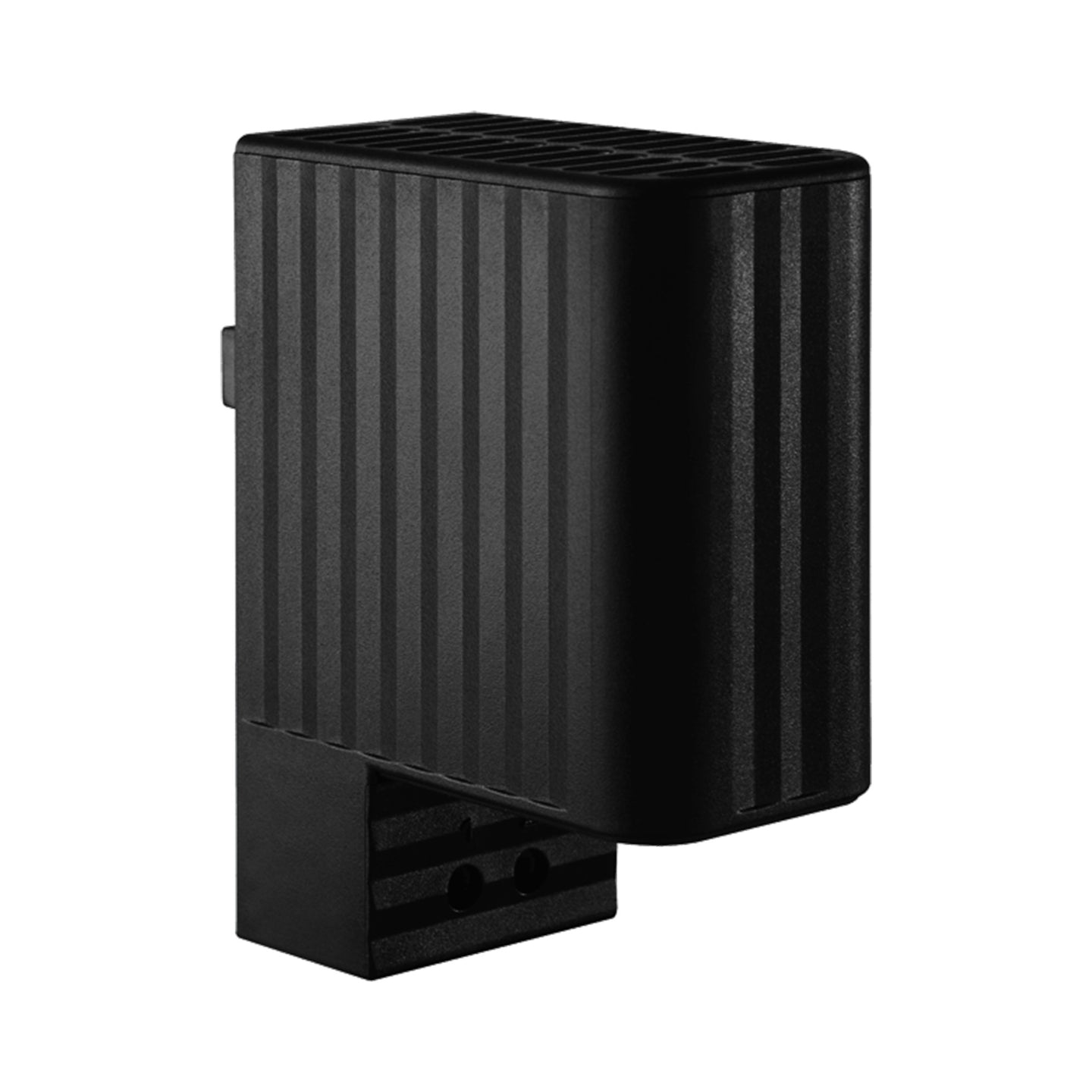 Black rectangular heater with ribbed texture on a white background.