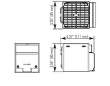 Black on white technical drawing of a rectangular component with dimensions labeled.