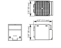 Black on white technical drawing of a rectangular component with dimensions labeled.