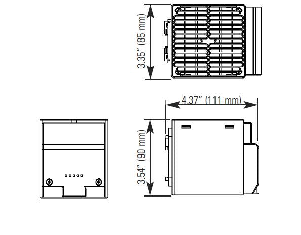 Black on white technical drawing of a rectangular component with dimensions labeled.