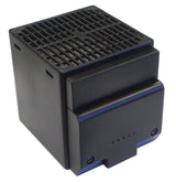 A black DIN rail enclosure touch safe PTC fan heater with a grid ventilation on top and mounting brackets on the sides.