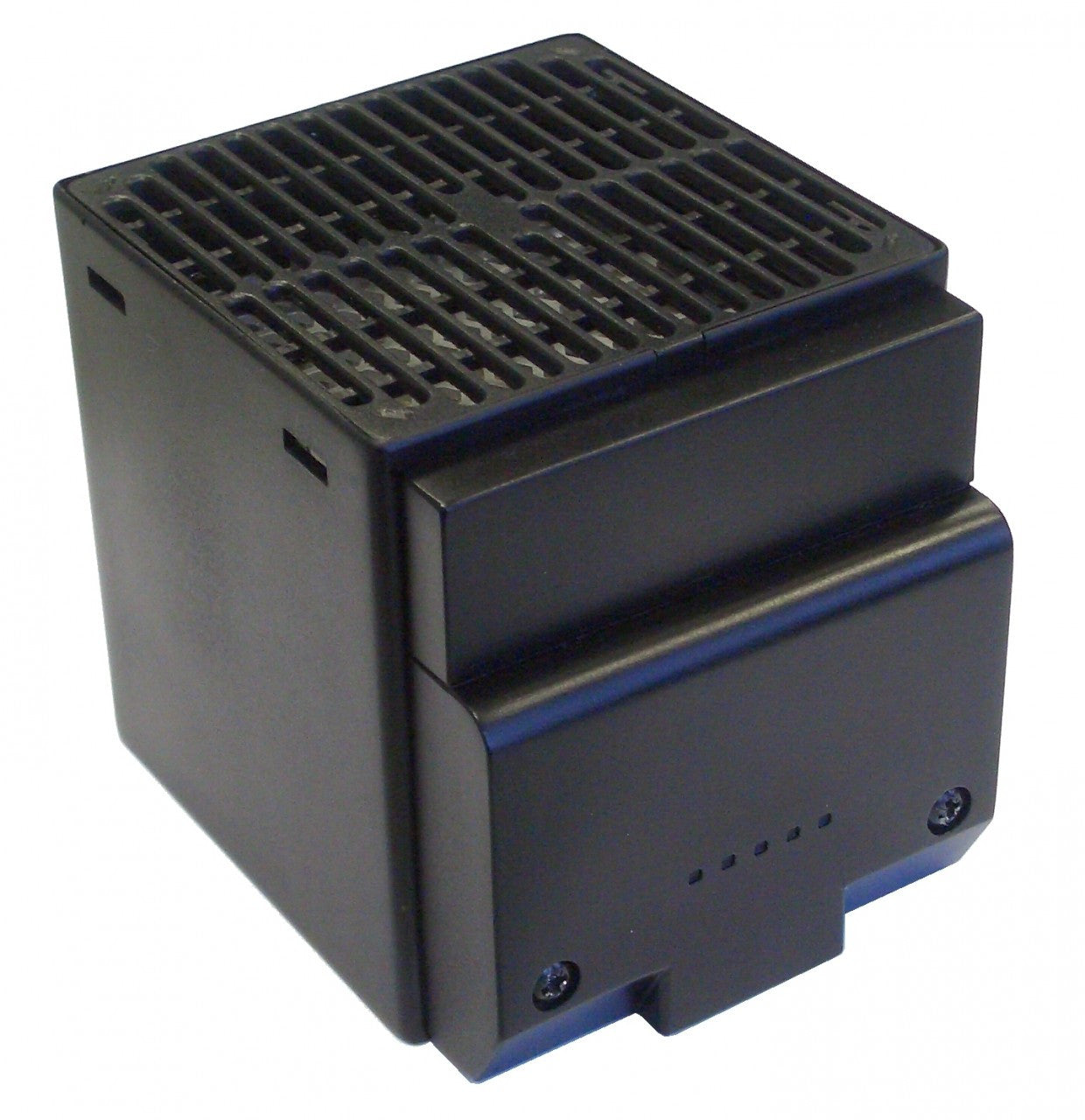 Black rectangular heater with vented design on a white background.