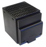 Black rectangular heater with vented design on a white background.