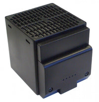 Black rectangular heater with vented design on a white background.