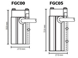Black on white technical drawing of two mechanical components with dimensions labeled.