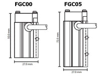 Black on white technical drawing of two mechanical components with dimensions labeled.