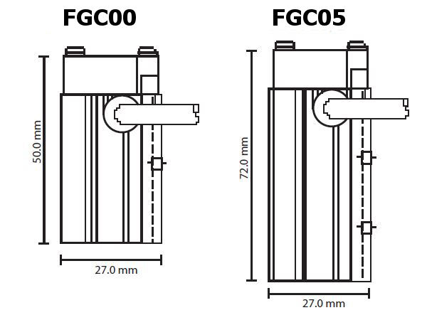 Black on white technical drawing of two mechanical components with dimensions labeled.