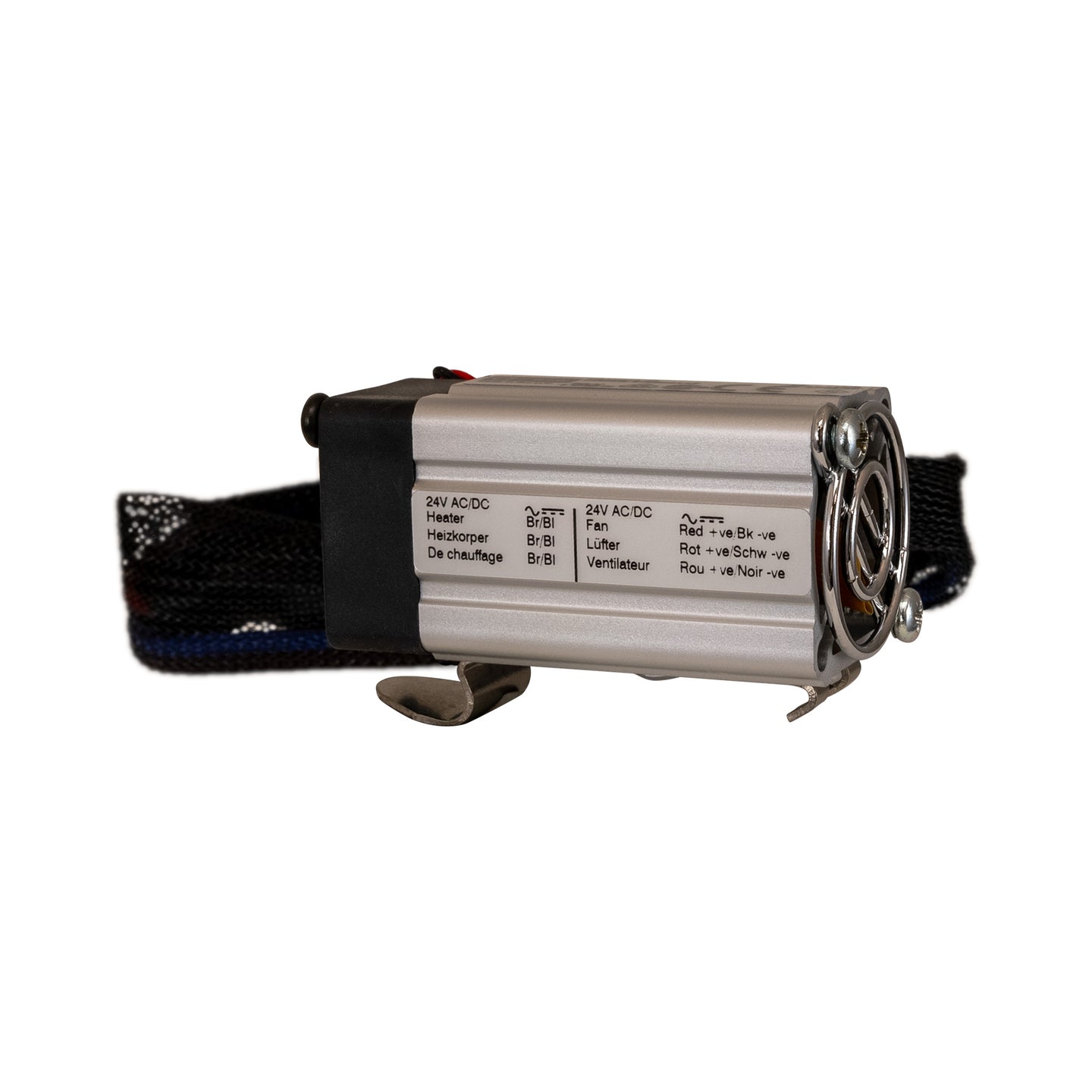 Electrical heater with labels on a white background.