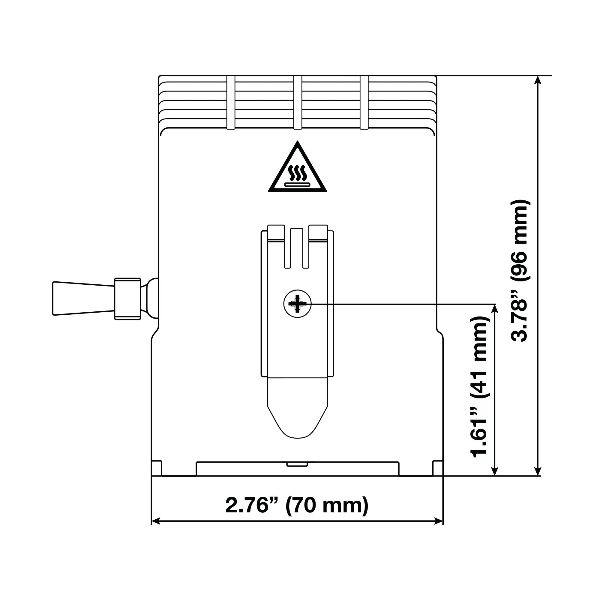 Black on white technical drawing of a shower head with dimensions labeled.