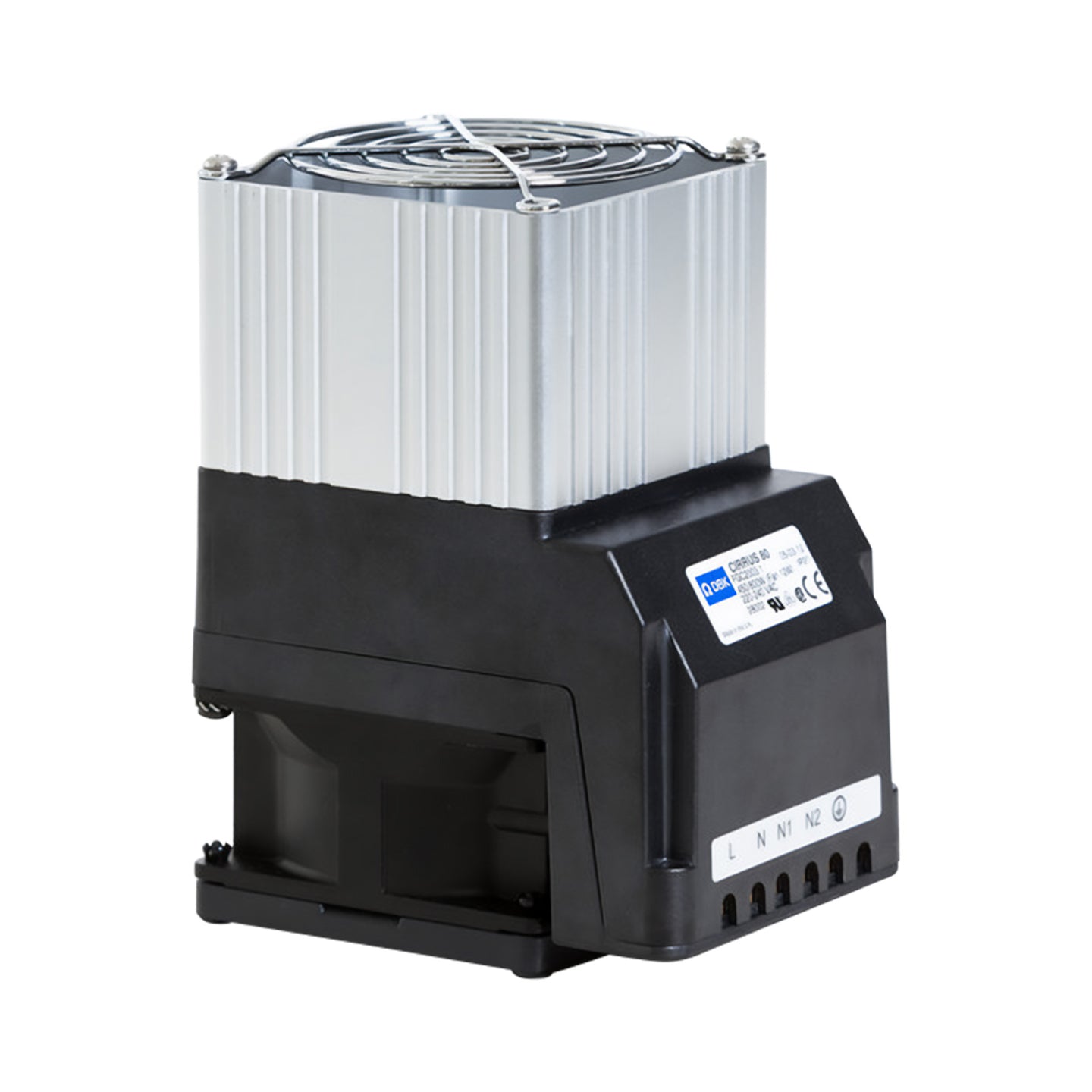 Black heater with a fan on top against a white background.