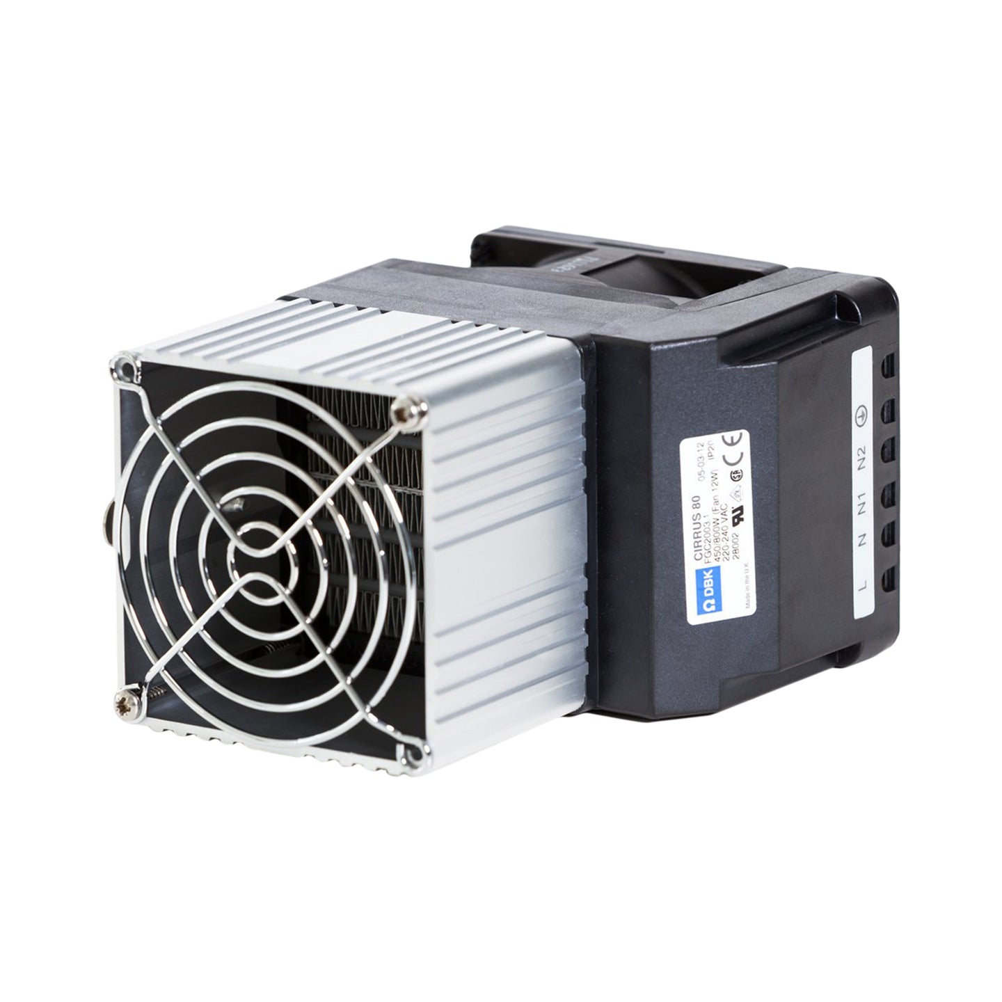 Black heater with a fan on top against a white background.