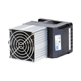 Black heater with a fan on top against a white background.