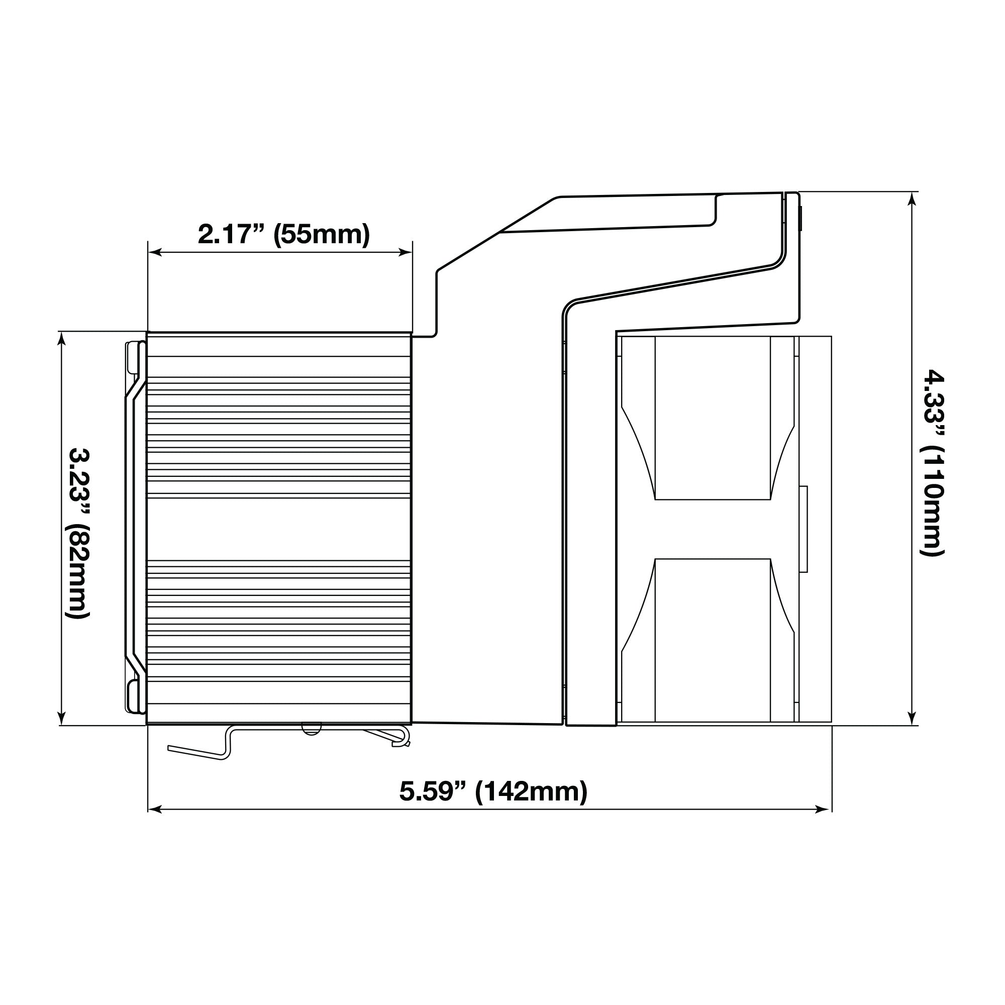 Black on White technical drawing of a product with dimensions labeled.