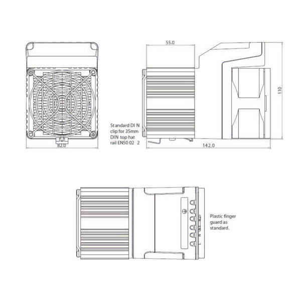 Black on White technical drawing of a product with dimensions labeled.