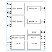Block diagram of a system with components like DMS Sensors, Analog Outputs, USB, RS485, DC Unit Supply, and Counters.