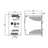Black on white technical drawing of a power supply unit with dimensions and specifications.
