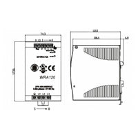 Black on white technical drawing of a power supply unit with dimensions and specifications.