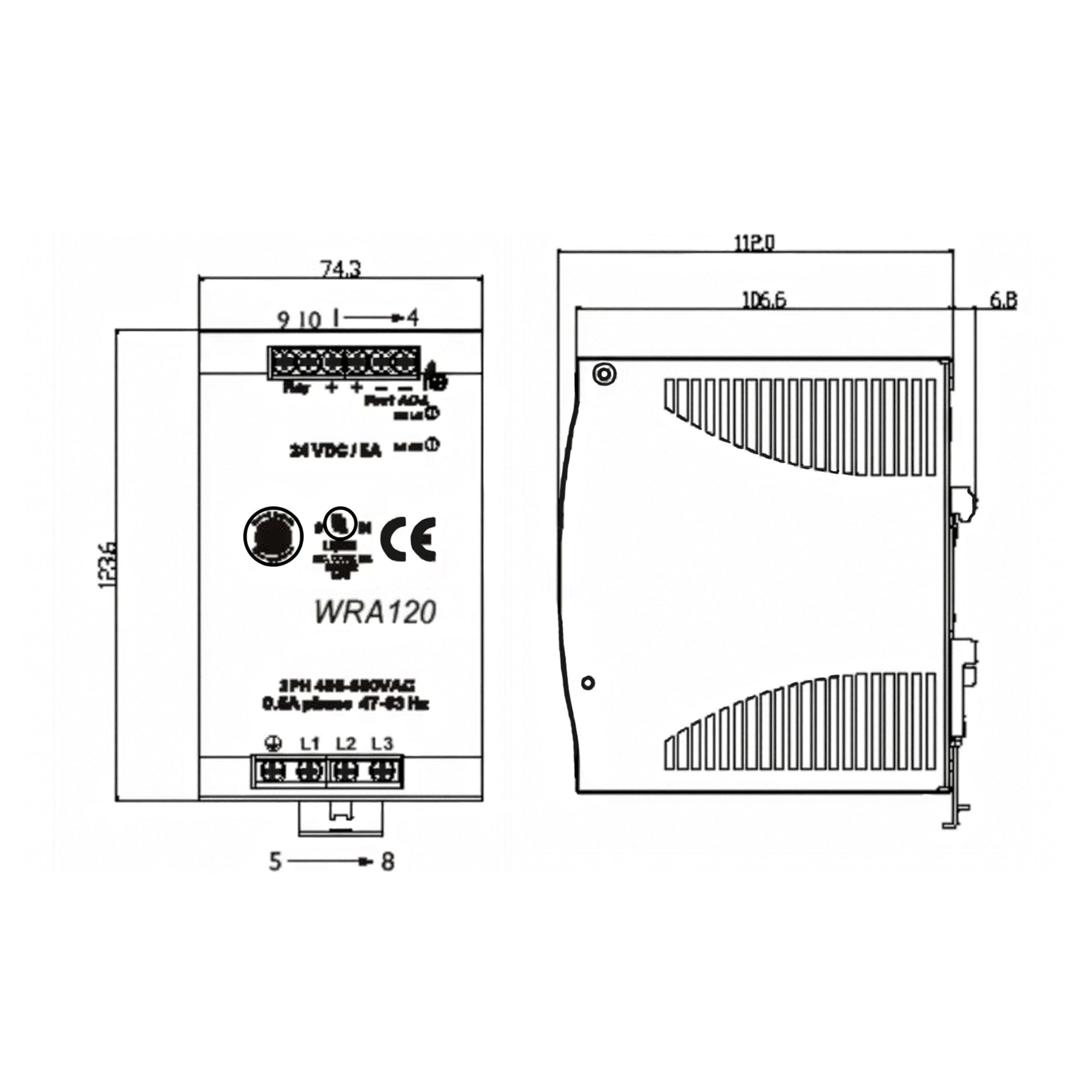 Black on white technical drawing of a power supply unit with dimensions and specifications.