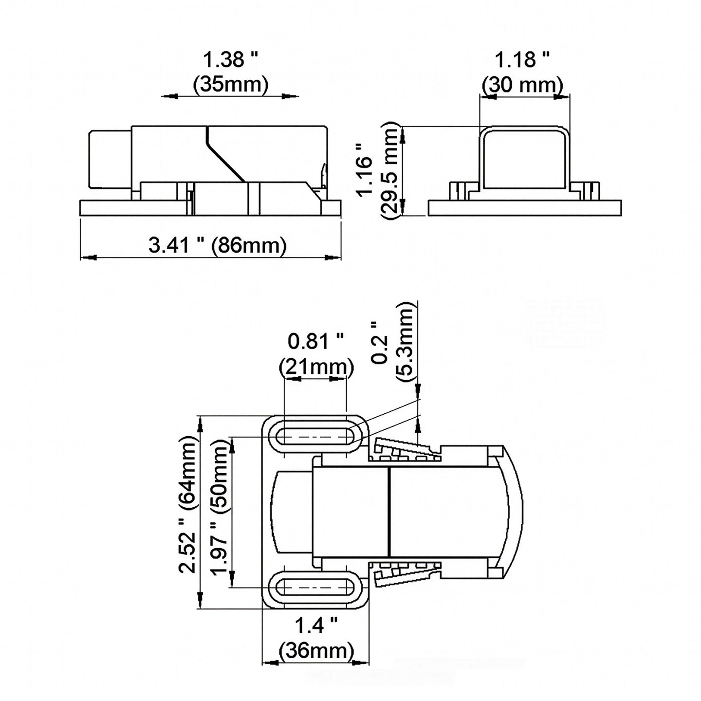 Technical drawing with dimensions of a mechanical component on a white background.