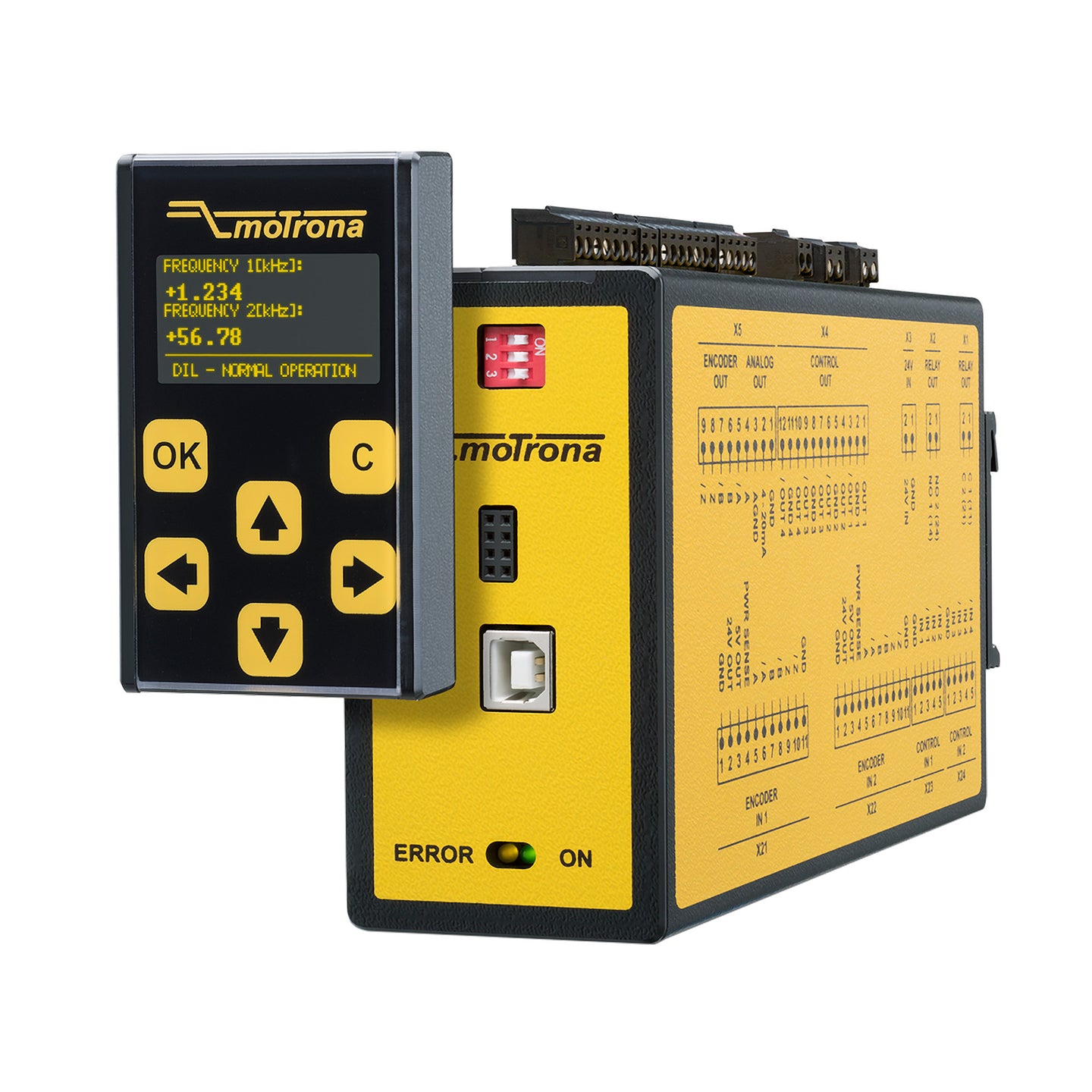 Yellow and black industrial control panel with digital display and buttons on a white background