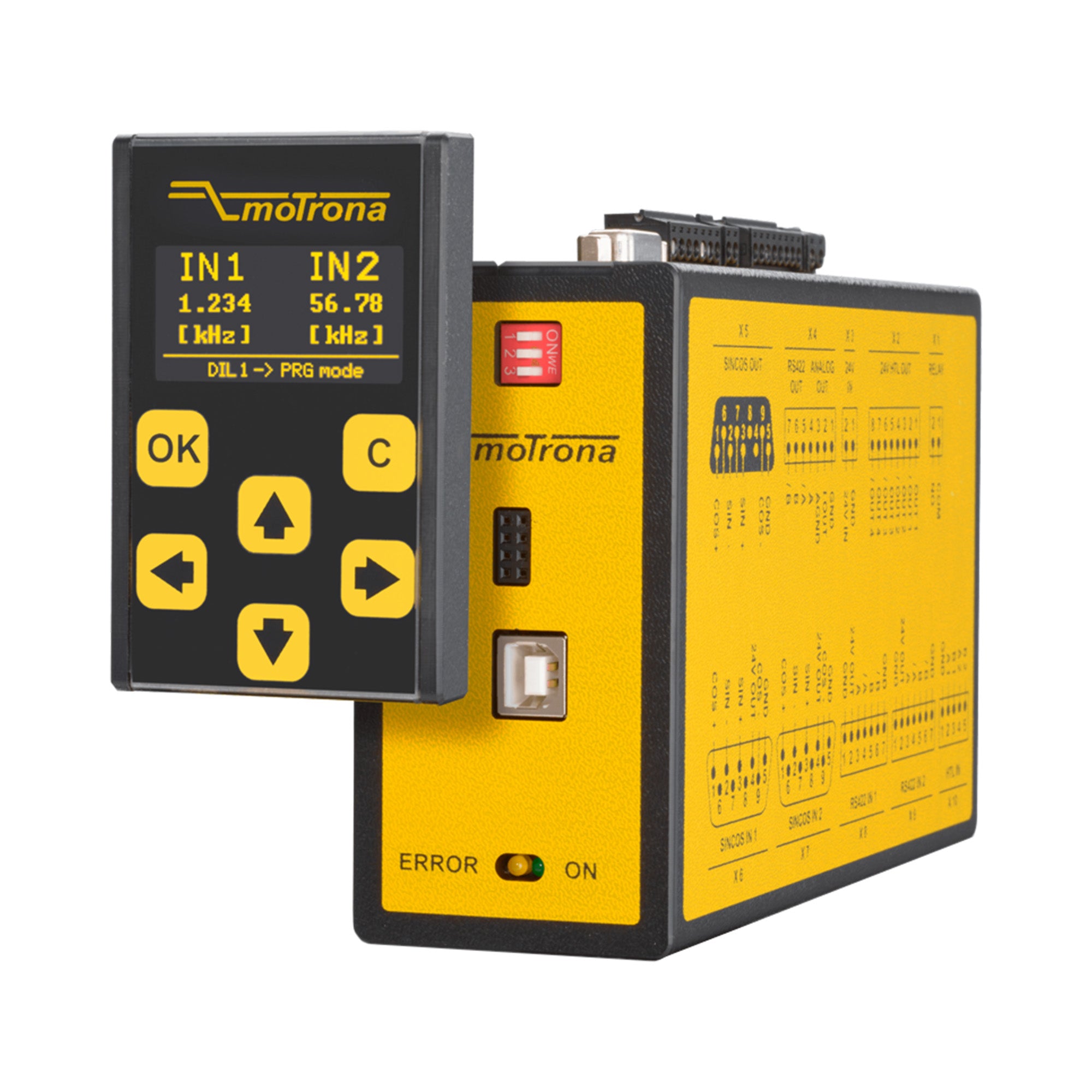 Yellow and black electronic device with 'motrona' branding on a white background