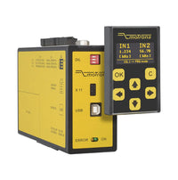Yellow and black industrial control panel with digital display and buttons on a white background.