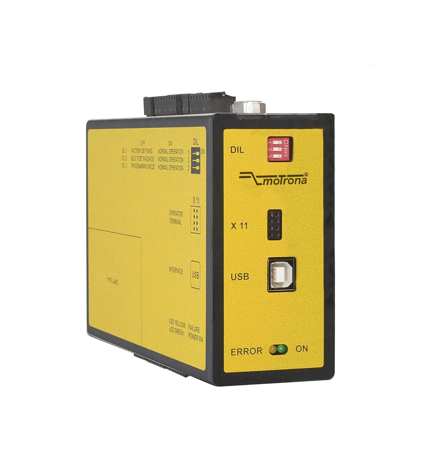 Yellow electronic device with black accents on a white background