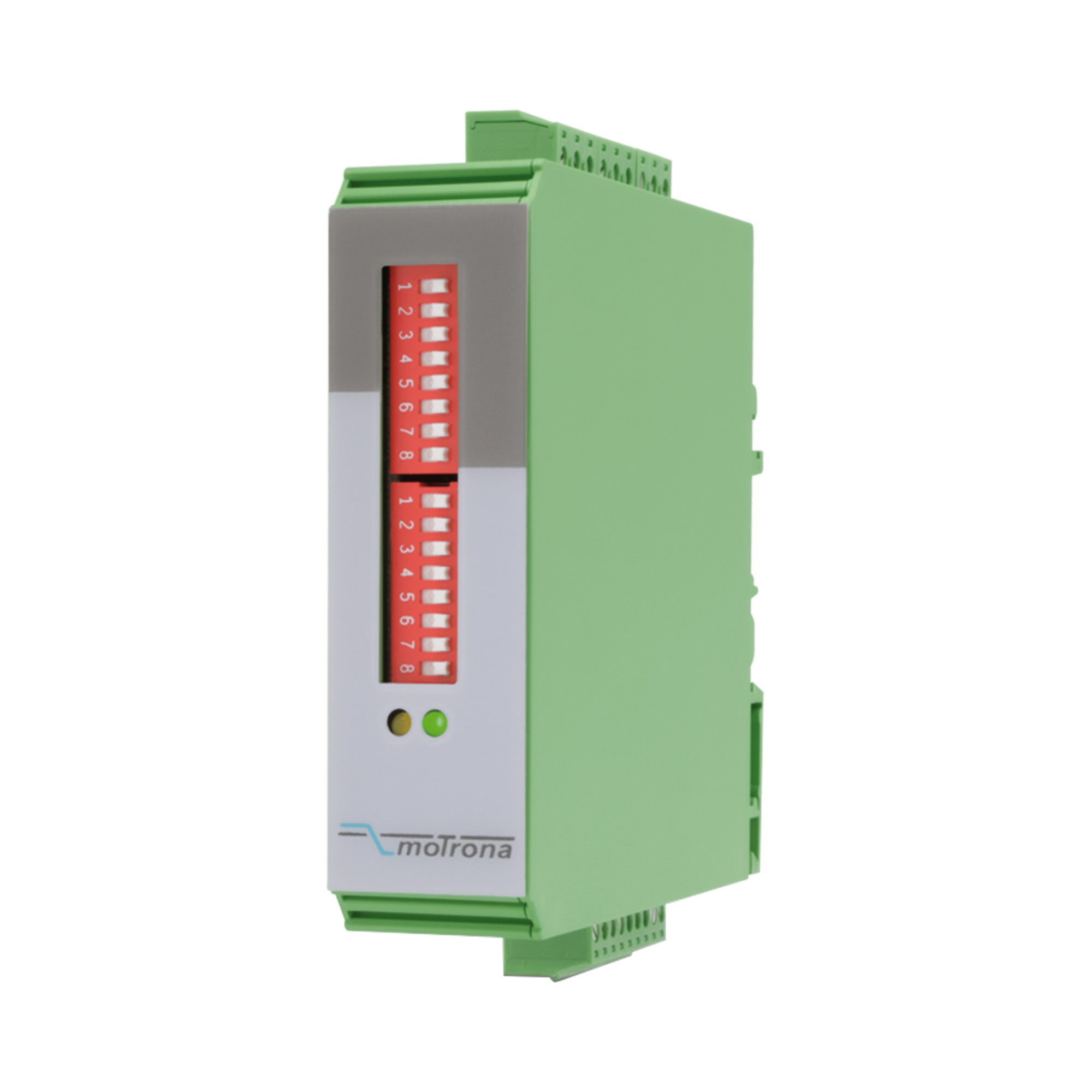 Green electronic module with a red display on a white background.