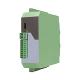 Green industrial control module on a white background