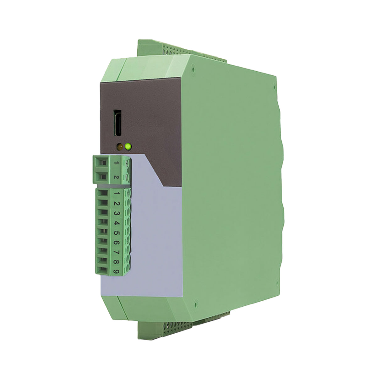 Green industrial control module on a white background