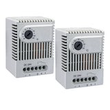 Two ET 011 Electronic Thermostats for 24V DC, one displaying Celsius and the other Fahrenheit, with adjustment dials and connection terminals visible.