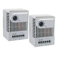 Two ET 011 Electronic Thermostats for 24V DC, one displaying Celsius and the other Fahrenheit, with adjustment dials and connection terminals visible.