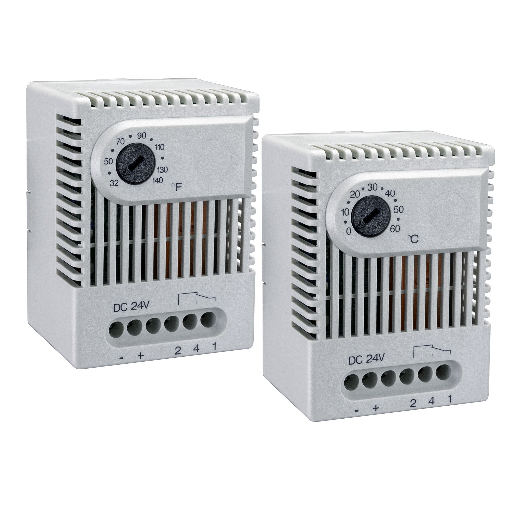 Two ET 011 Electronic Thermostats for 24V DC, one displaying Celsius and the other Fahrenheit, with adjustment dials and connection terminals visible.