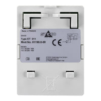 Electrical component with branding and certification labels on a white background
