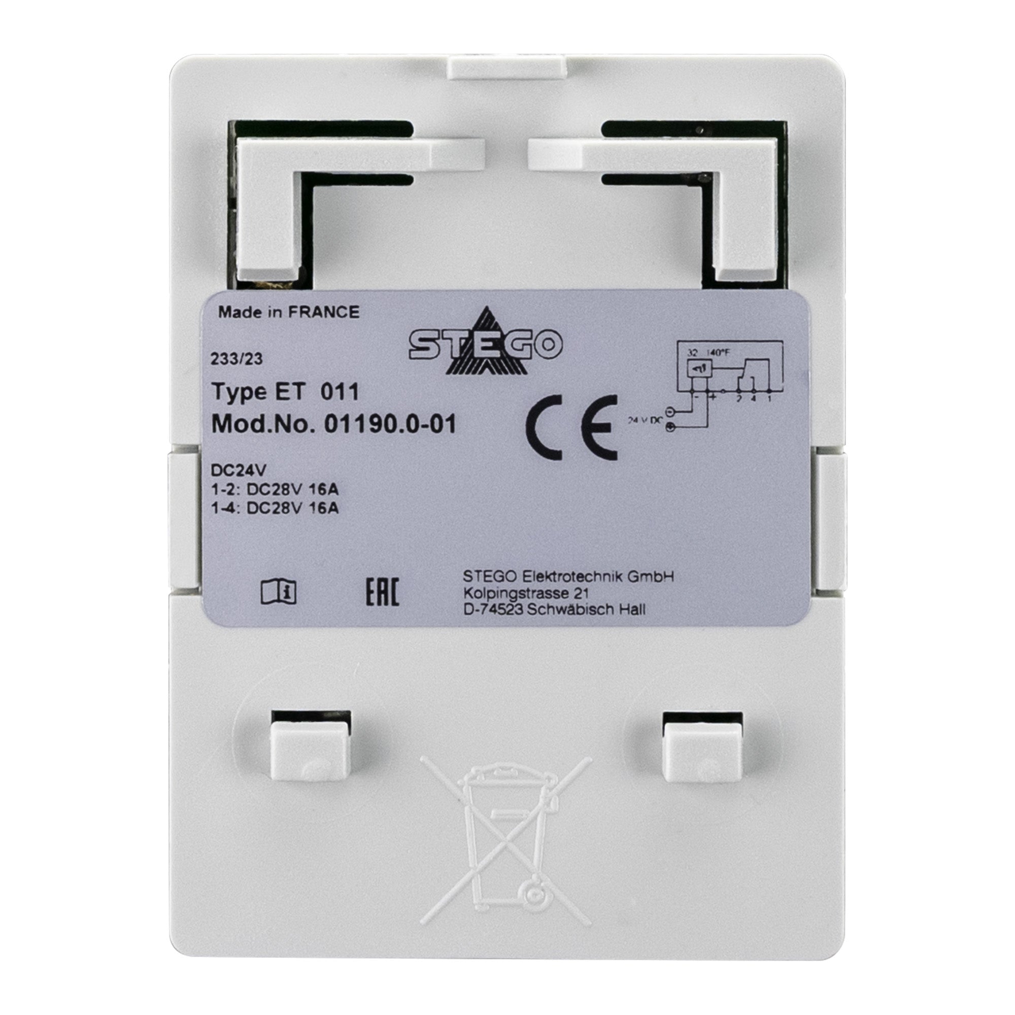 Electrical component with branding and certification labels on a white background