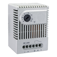 Two ET 011 Electronic Thermostats for 24V DC, one displaying Celsius and the other Fahrenheit, with adjustment dials and connection terminals visible.